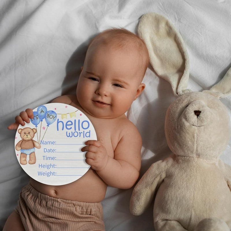 CLHHM Hello World Birth Announcement 6" Round Birch Wood Newborn Sign for Nursery Hospital & Baby Shower, Personalized Baby Name Plaque, Keepsake Décor Gift for New Parents (Blue Bear) - Image 3